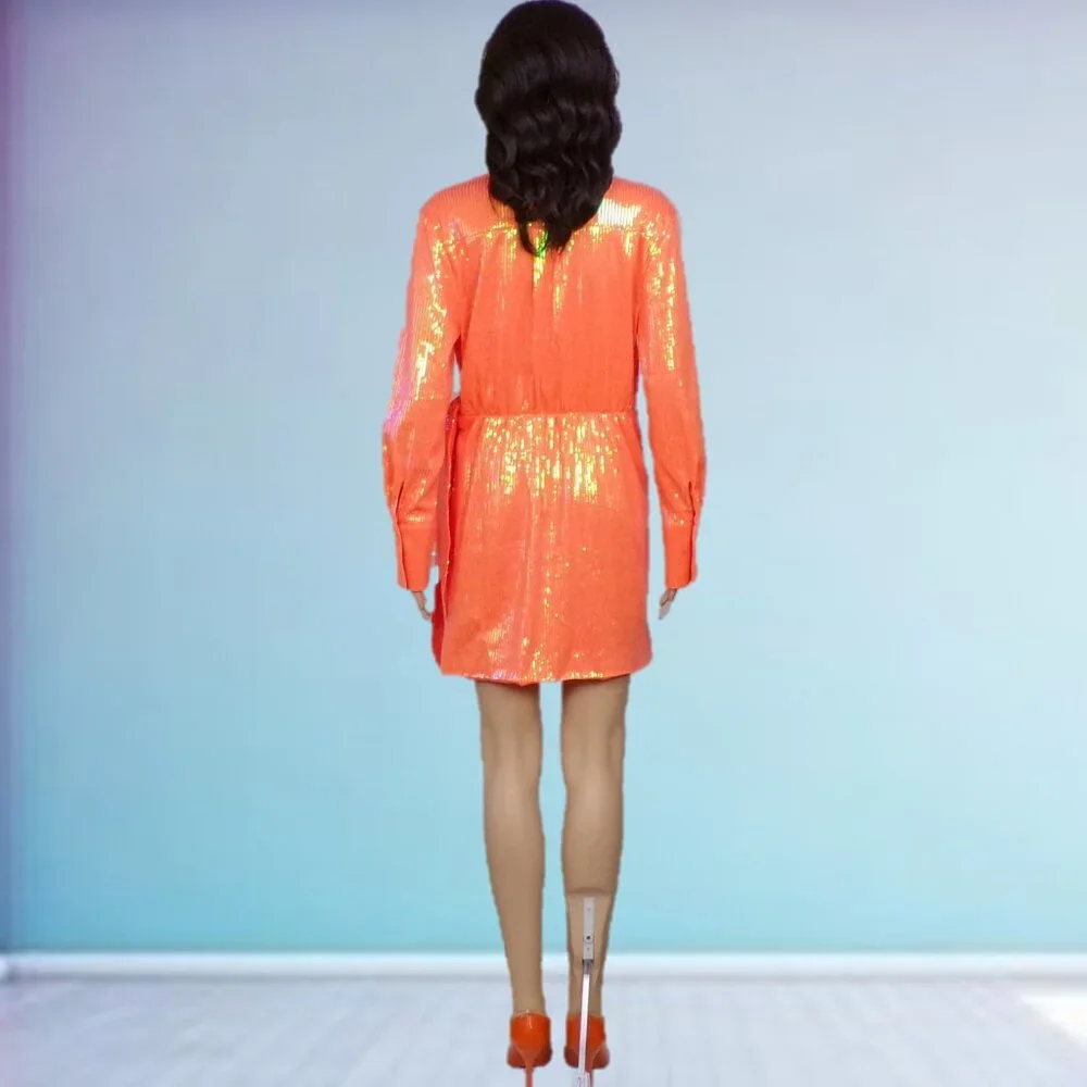 HOUSE OF HARLOW 1960 size S orange long-sleeve sequined wrap dress - Picture 5 of 13